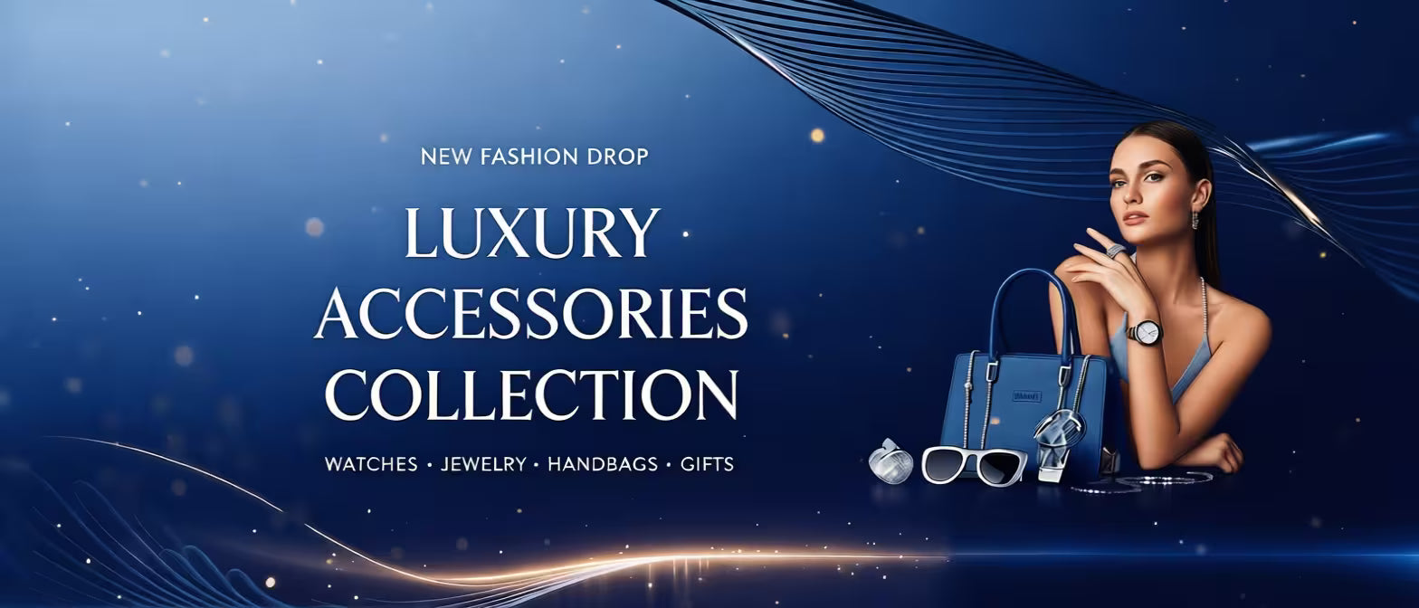 Promotional banner for luxury accessories collection with a woman holding a handbag on a blue background.