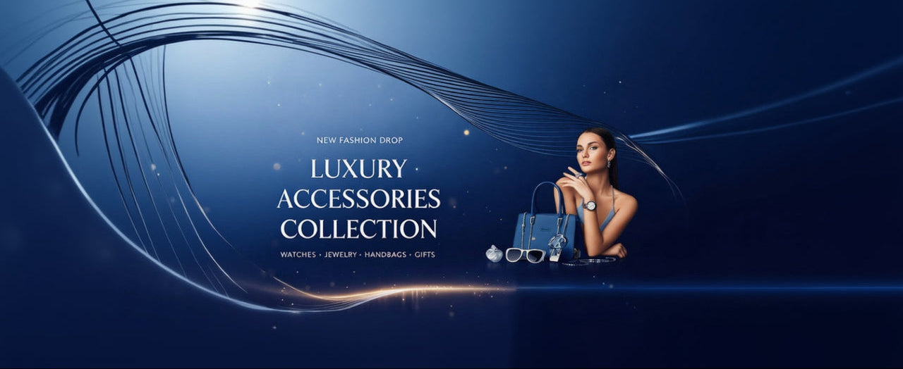 Advertisement for luxury accessories collection featuring a woman with a blue handbag, watch, and jewelry on a dark blue background.