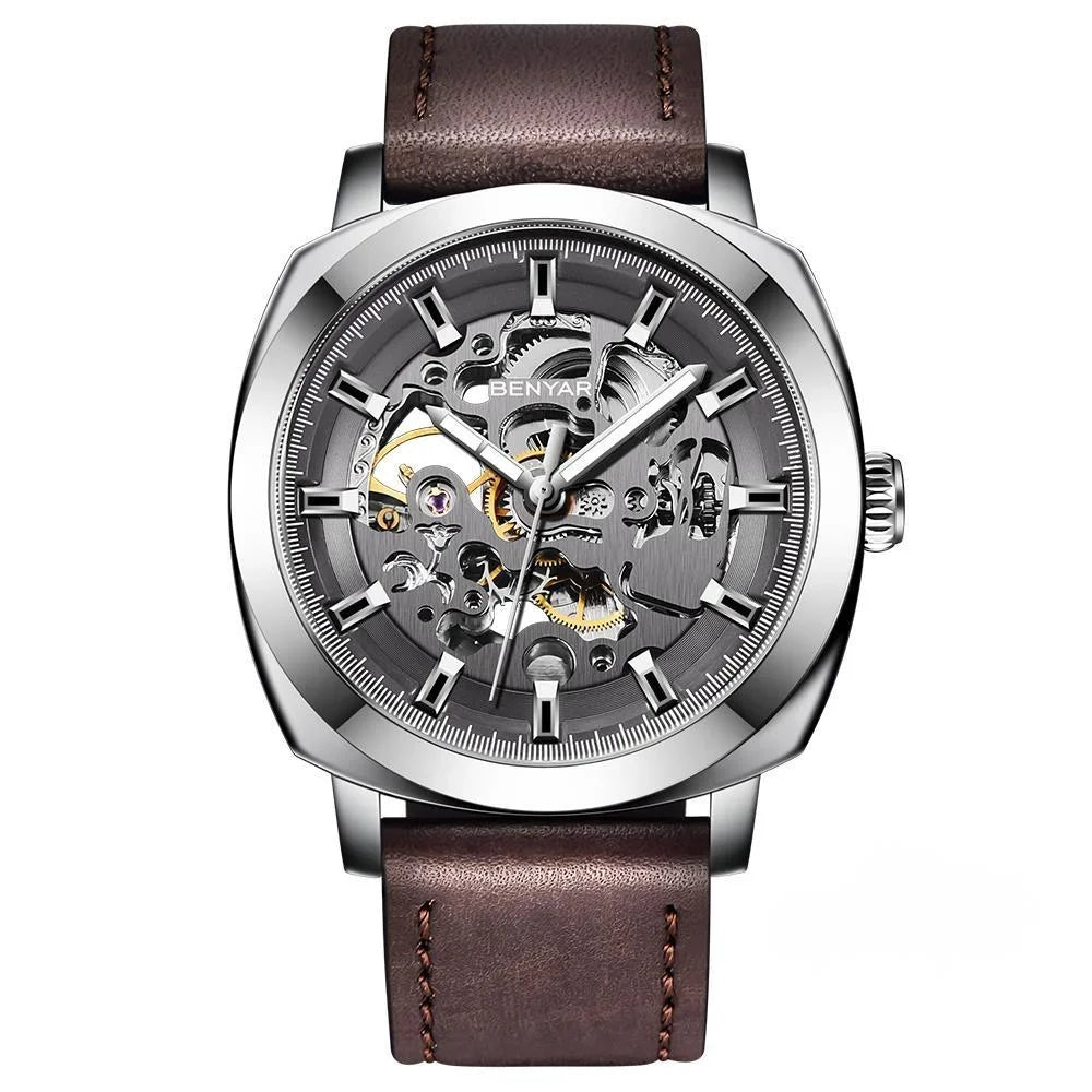 BENYAR Watch for Men Luxury Skeleton Tourbillon Automatic Mechanical Mens Watch 30M Waterproof Leather Strap Sports Reloj Hombre