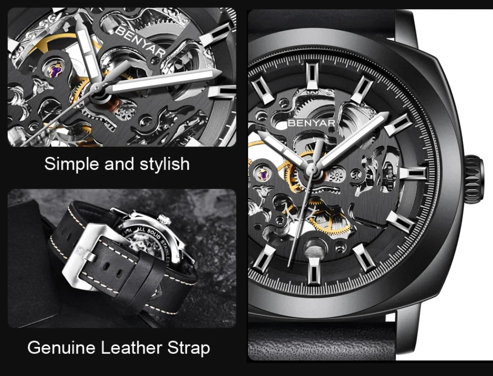BENYAR Watch for Men Luxury Skeleton Tourbillon Automatic Mechanical Mens Watch 30M Waterproof Leather Strap Sports Reloj Hombre