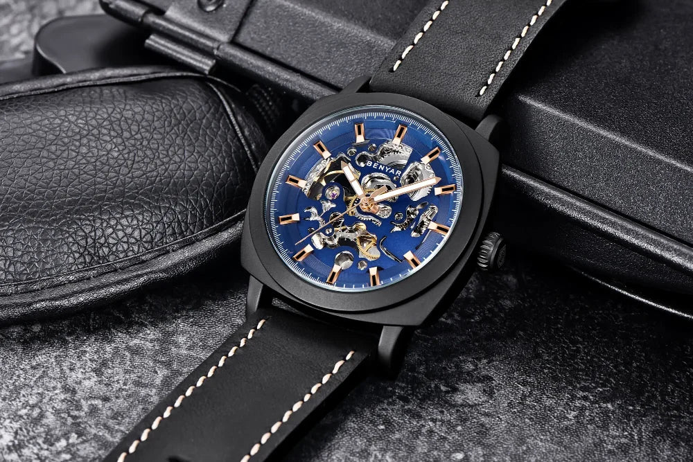 BENYAR Watch for Men Luxury Skeleton Tourbillon Automatic Mechanical Mens Watch 30M Waterproof Leather Strap Sports Reloj Hombre