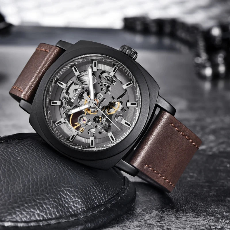 BENYAR Watch for Men Luxury Skeleton Tourbillon Automatic Mechanical Mens Watch 30M Waterproof Leather Strap Sports Reloj Hombre