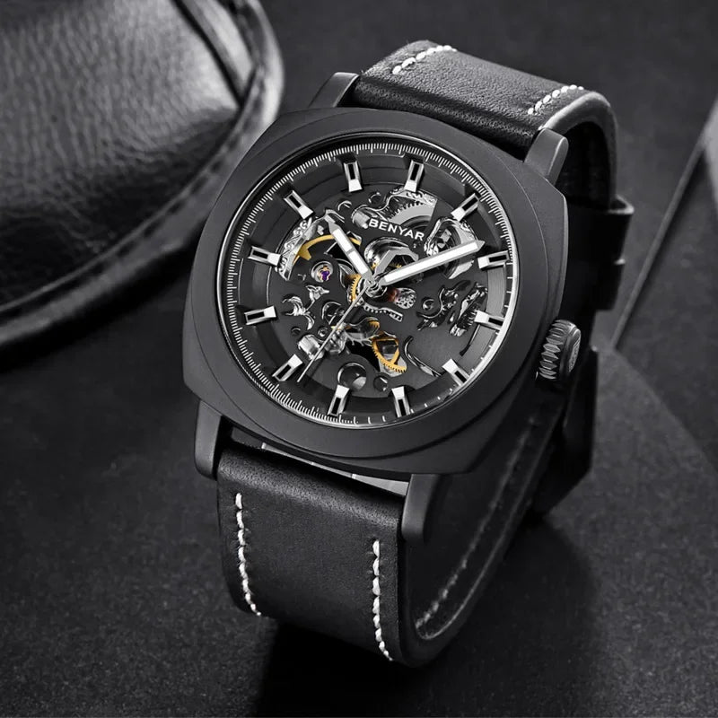 BENYAR Watch for Men Luxury Skeleton Tourbillon Automatic Mechanical Mens Watch 30M Waterproof Leather Strap Sports Reloj Hombre