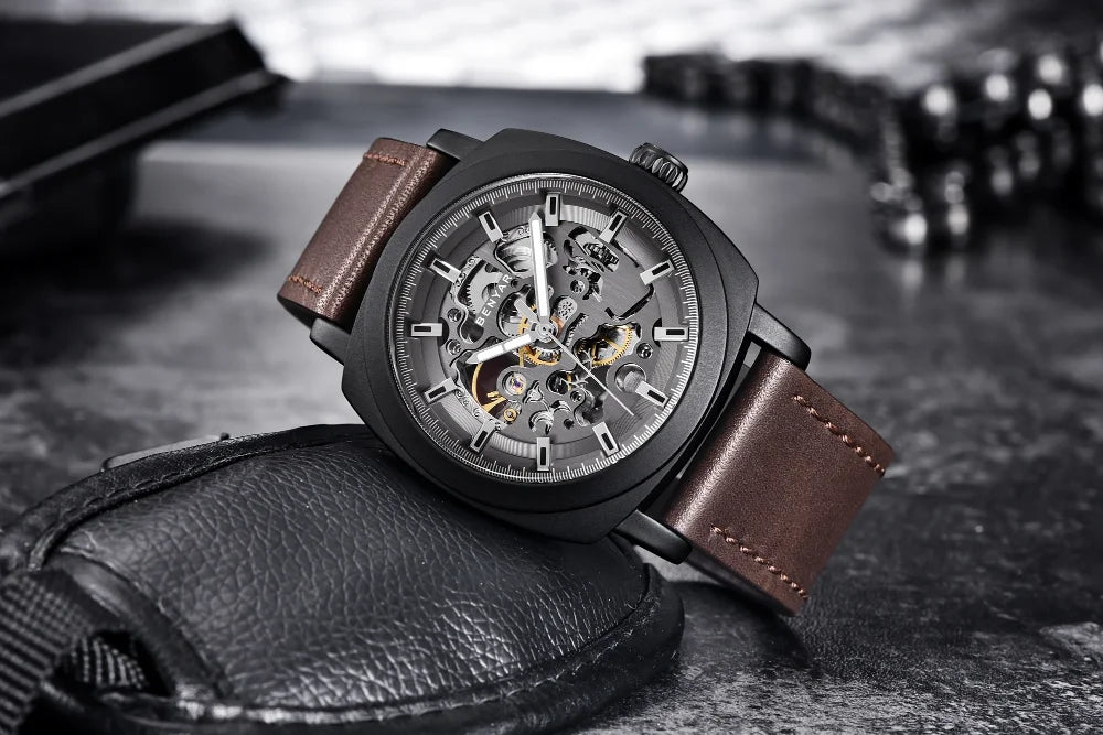 BENYAR Watch for Men Luxury Skeleton Tourbillon Automatic Mechanical Mens Watch 30M Waterproof Leather Strap Sports Reloj Hombre