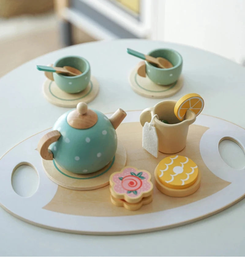 Wooden Afternoon Tea Set Toy Pretend Play Food Learning Role Play Game Early Educational Toys for Toddlers Girls Boys Kids Gifts