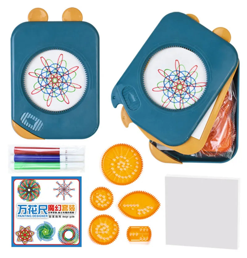 Creative Educational Toy Set for Kids Storage Box with Interlocking Gear Wheels Drawing Ruler Paper Pens and Spirograph Design