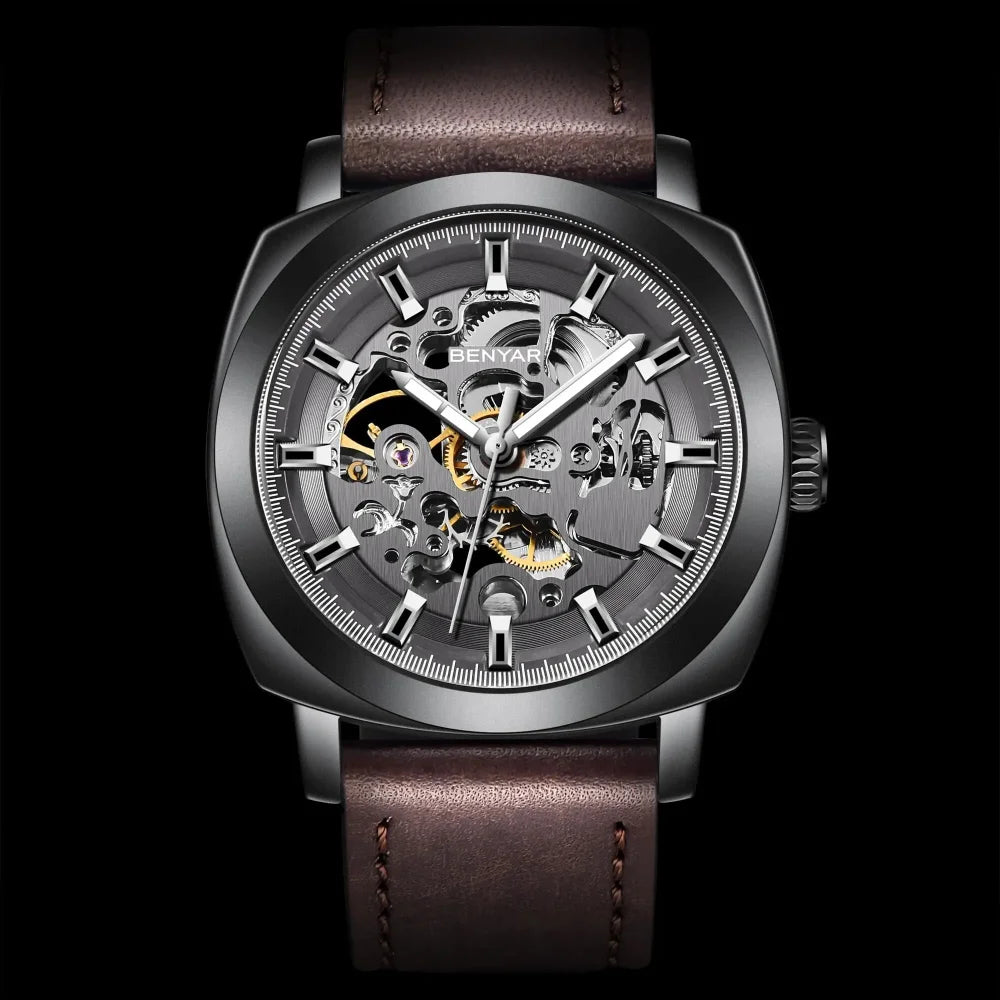 BENYAR Watch for Men Luxury Skeleton Tourbillon Automatic Mechanical Mens Watch 30M Waterproof Leather Strap Sports Reloj Hombre