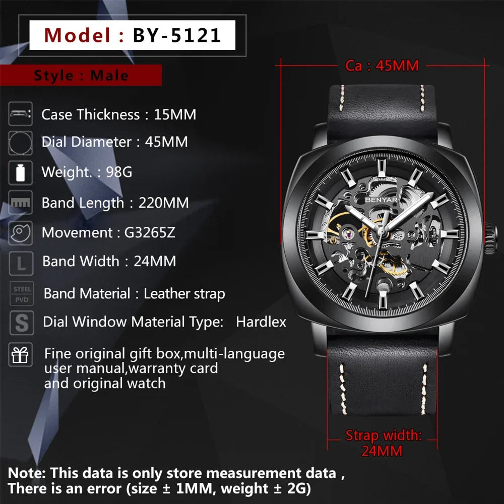 BENYAR Watch for Men Luxury Skeleton Tourbillon Automatic Mechanical Mens Watch 30M Waterproof Leather Strap Sports Reloj Hombre