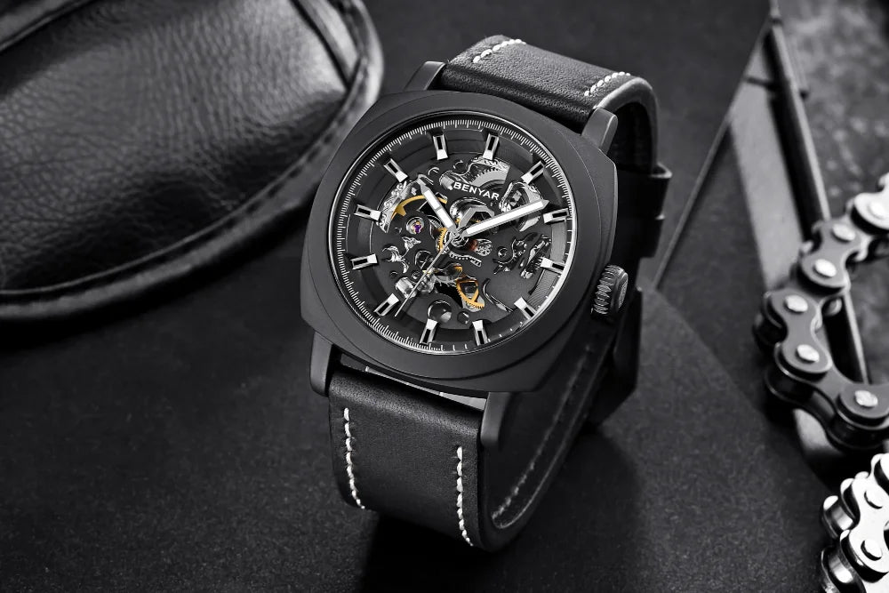 BENYAR Watch for Men Luxury Skeleton Tourbillon Automatic Mechanical Mens Watch 30M Waterproof Leather Strap Sports Reloj Hombre