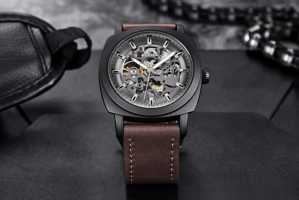 BENYAR Watch for Men Luxury Skeleton Tourbillon Automatic Mechanical Mens Watch 30M Waterproof Leather Strap Sports Reloj Hombre