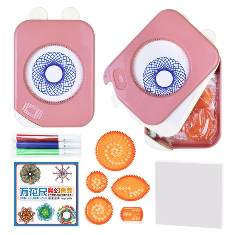 Creative Educational Toy Set for Kids Storage Box with Interlocking Gear Wheels Drawing Ruler Paper Pens and Spirograph Design