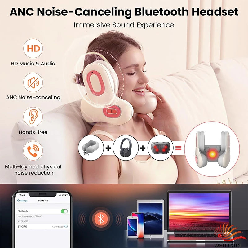 3in1 Neck Pillow for Travel, Bluetooth Noise-Canceling Headset with Neck Massager and Heat, U-Shape Memory Foam Airplane Pillows