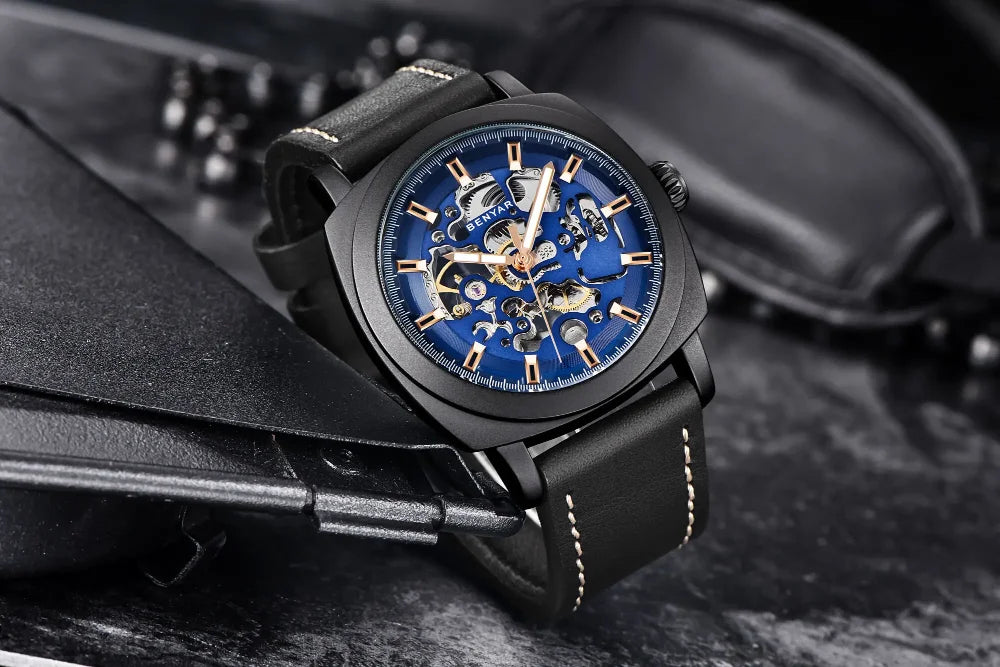 BENYAR Watch for Men Luxury Skeleton Tourbillon Automatic Mechanical Mens Watch 30M Waterproof Leather Strap Sports Reloj Hombre
