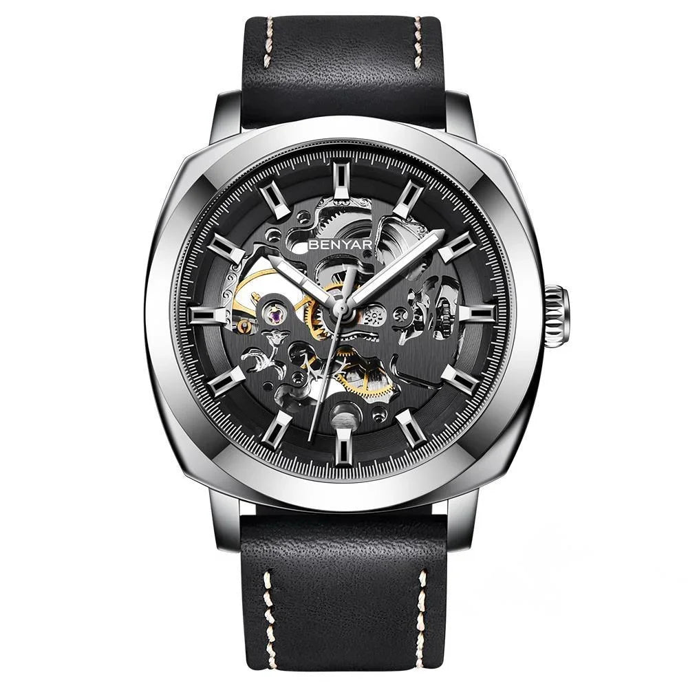 BENYAR Watch for Men Luxury Skeleton Tourbillon Automatic Mechanical Mens Watch 30M Waterproof Leather Strap Sports Reloj Hombre