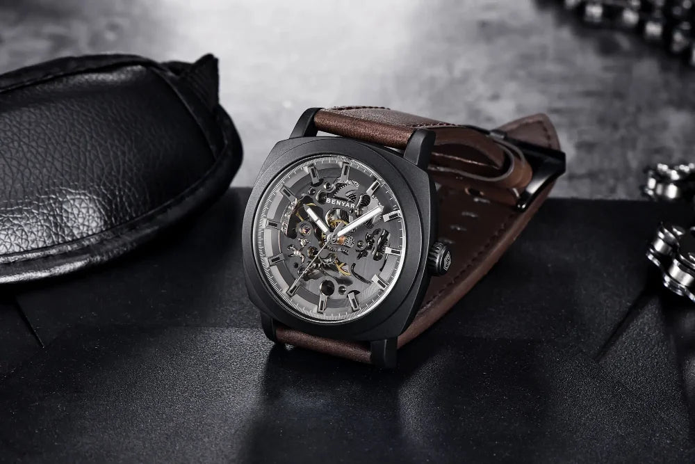 BENYAR Watch for Men Luxury Skeleton Tourbillon Automatic Mechanical Mens Watch 30M Waterproof Leather Strap Sports Reloj Hombre