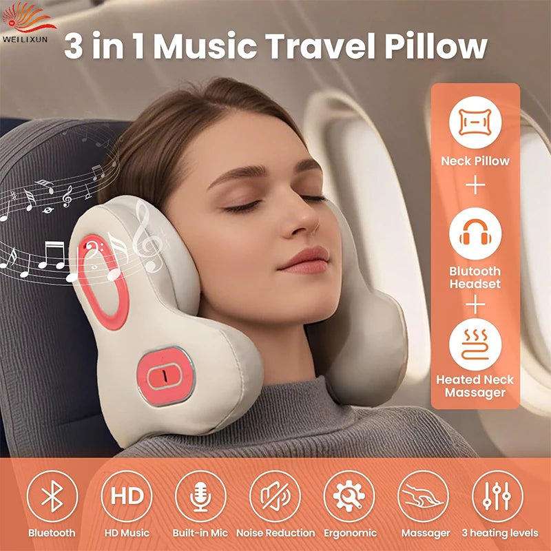 3in1 Neck Pillow for Travel, Bluetooth Noise-Canceling Headset with Neck Massager and Heat, U-Shape Memory Foam Airplane Pillows